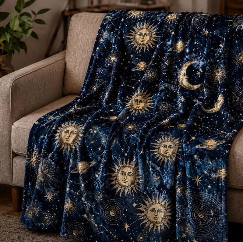 Celestial Blanket Moon and Sun Blanket Whimsigoth Decor Witchcore Home Decor Astrology Gift Gothic Blanket Dark Academia Decor