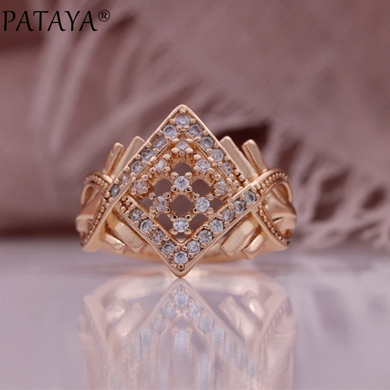 PATAYA Micro Inlaid Zircon 585 Rose Gold Color Romantic Ring Earrings Jewelry set for Women Anniversary Gift Fine Jewelry