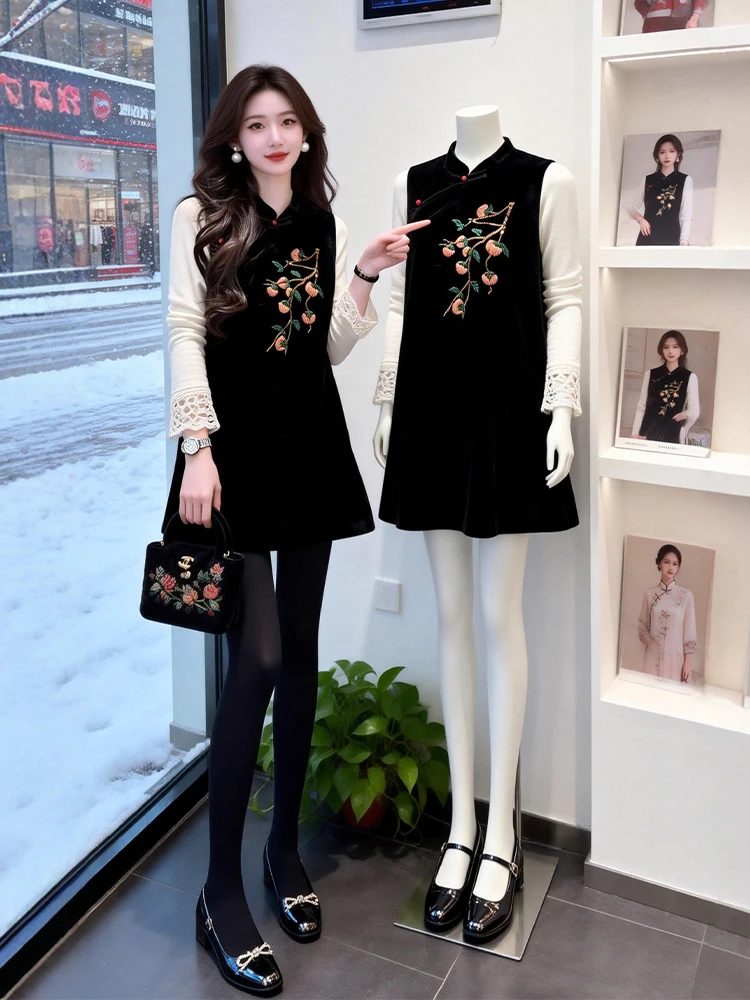 

New Chinese Sle Long Sve Embroidered Base irt Layering Vest Skirt Set plus Size Faionable Spring Outfit for Women