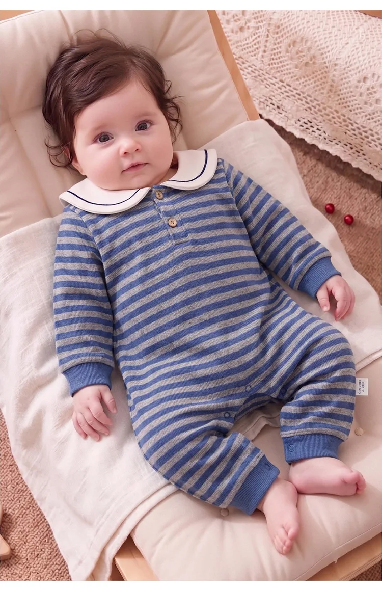 2026 Spring Autumn Boys Girls Baby Jumpsuit Infant Sailor Collar Long Crawler Small Month Outing Romper Onesie