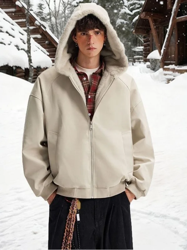 

Men's Winter Thiened Fce Lined Hooded Cotton Jaet Loose Warm Bread Sle Coat Youth Faion PU Leather Multket Design