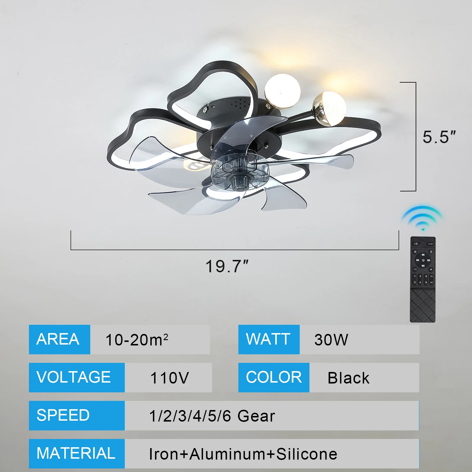 Modern Ceiling Fan with Lights,Transparent Blades,LED Adjustable Lamp,6-Speed Remote Control,Stylish Low-Profile Design