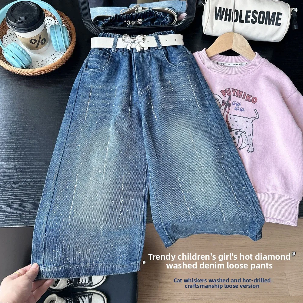 2026 Autumn New Korean Style Girls Rhinestone Wide Leg Jeans, Loose Plus Size Denim Trousers For Kids Young Girls