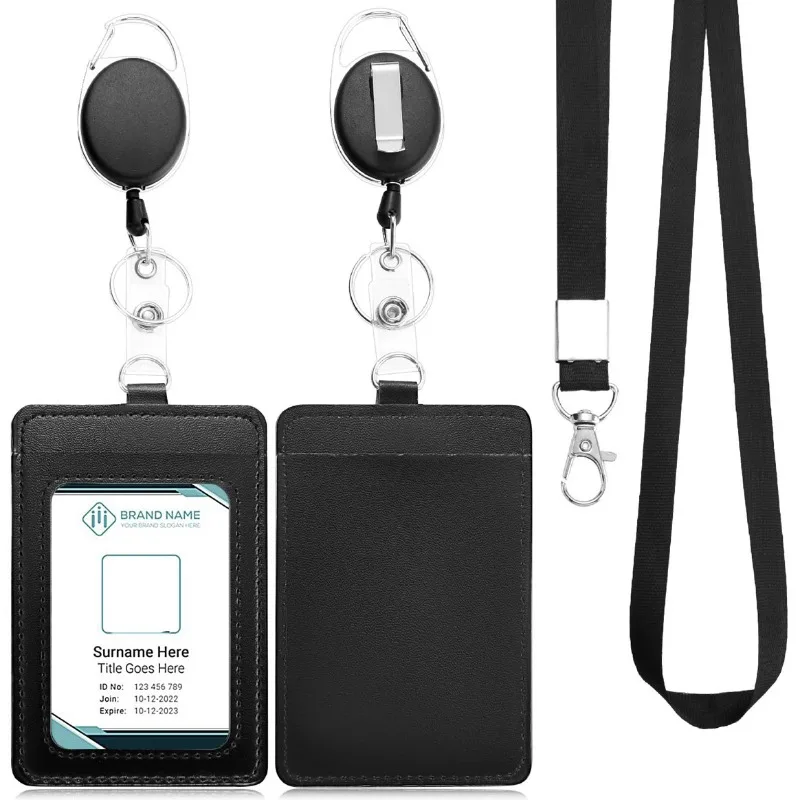 PU Leather Pass Work Card Cover Working Permit Case Sleeve Badge Holder Black ID Tag Lanyard for Staff Card Clip Neck Strap