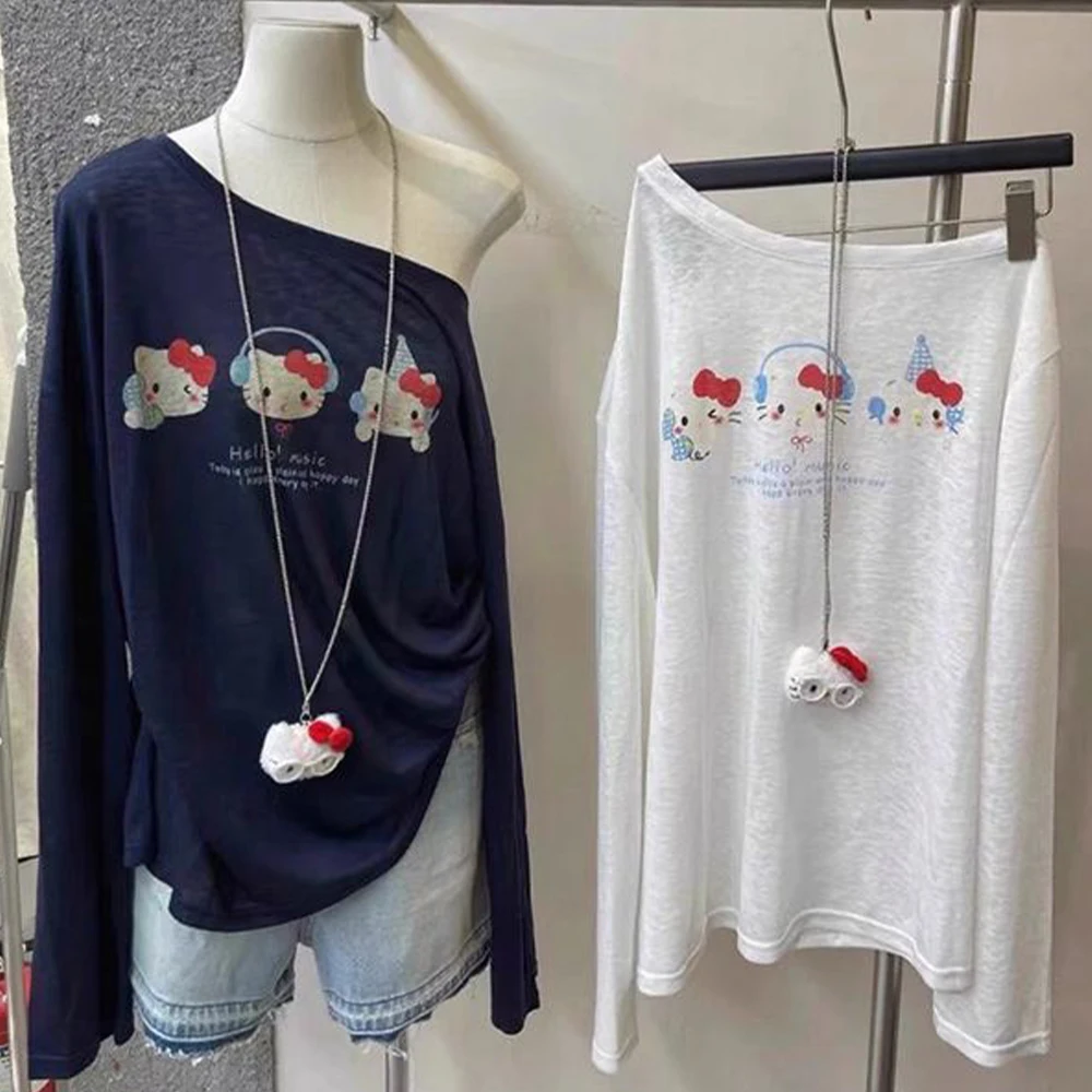 

Женская футболка с длинными рукавами с рисунком «Hello Kitty», милая осенняя тонкая базовая рубашка Sanrio с наклонными плечами, модные тонкие топы для девочек