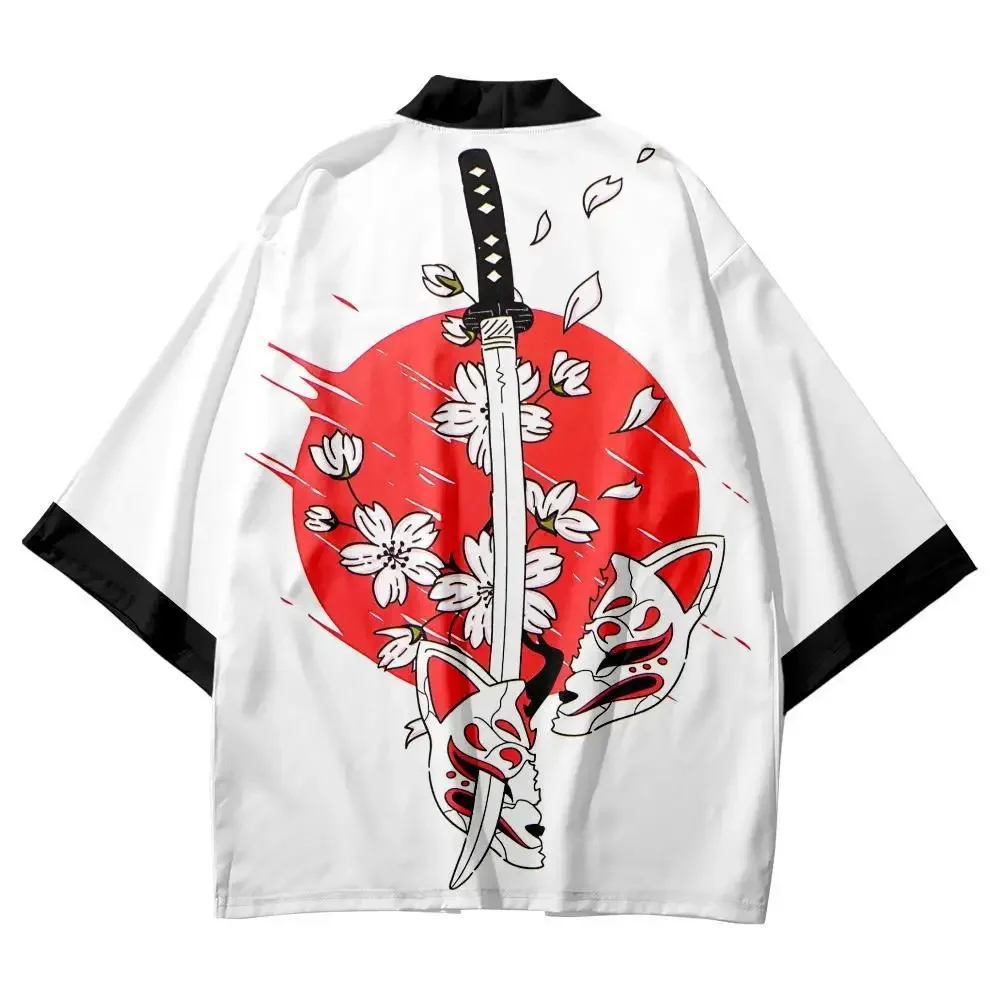 Men Haori Shirt Short Sleeve Japanese Samurai Sakura Fox Mask Casual Comfortable Novelty Trendy Cool Fashion New Stylish Kimono