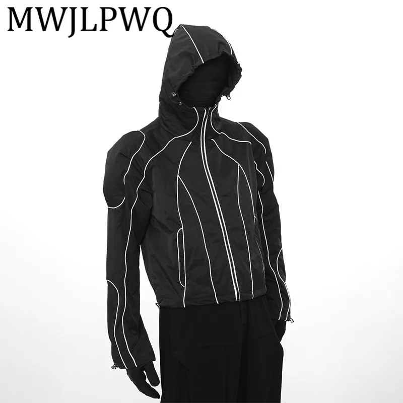

MWJLPWQ Cotton-Padded Shoulder Pads Line Stitching Reflective Hooded Sun Protection Jacket Male Niched Design Street Tops 11808