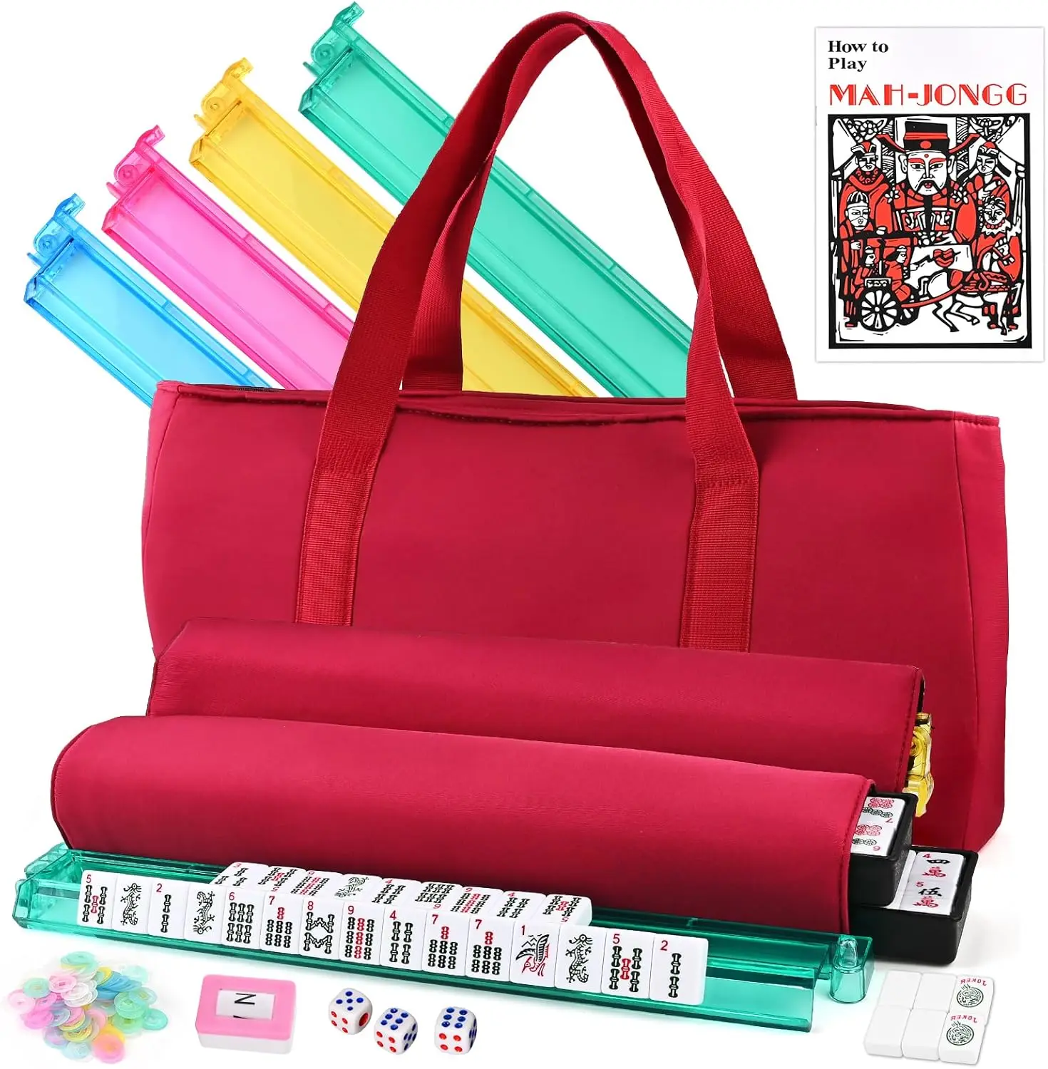 

American Mahjong Set with 166 White Tiles, Color Racks, Dice, and Portable Red Bag - Complete Game