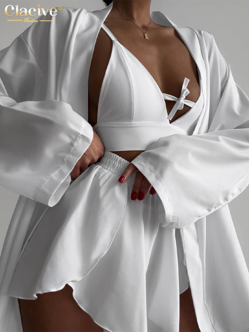 Clacive Sexy Loose White Satin 3 Piece Sets Women Outfit 2024 Fashion Long Sleeve Lace-Up Robes + Bra High Waist Shorts Set