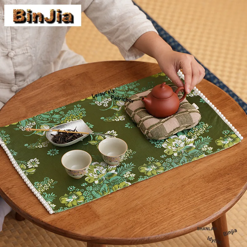 Brocade Peony Embroidery Tea Table Mats Vintage Tea Flag Zen Tea Table Cloth Drink Coaster Dinner Table Cloth Mat Teaset Craft