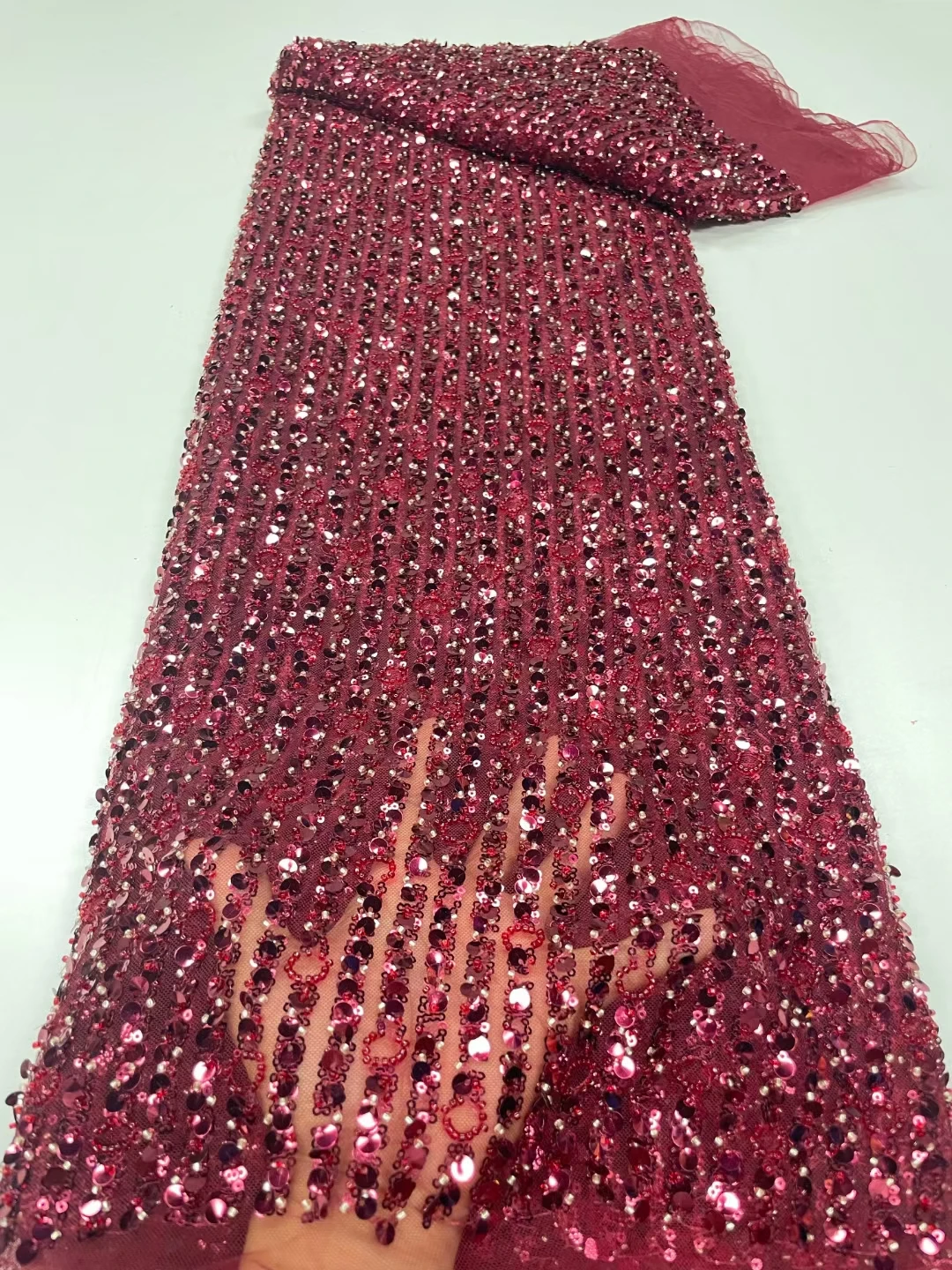 

New Red African Handmade Beads Lace Fabric For Wedding 2023 High Quality Nigerian French Sequins Mesh Tulle Lace Fabric KRC23218