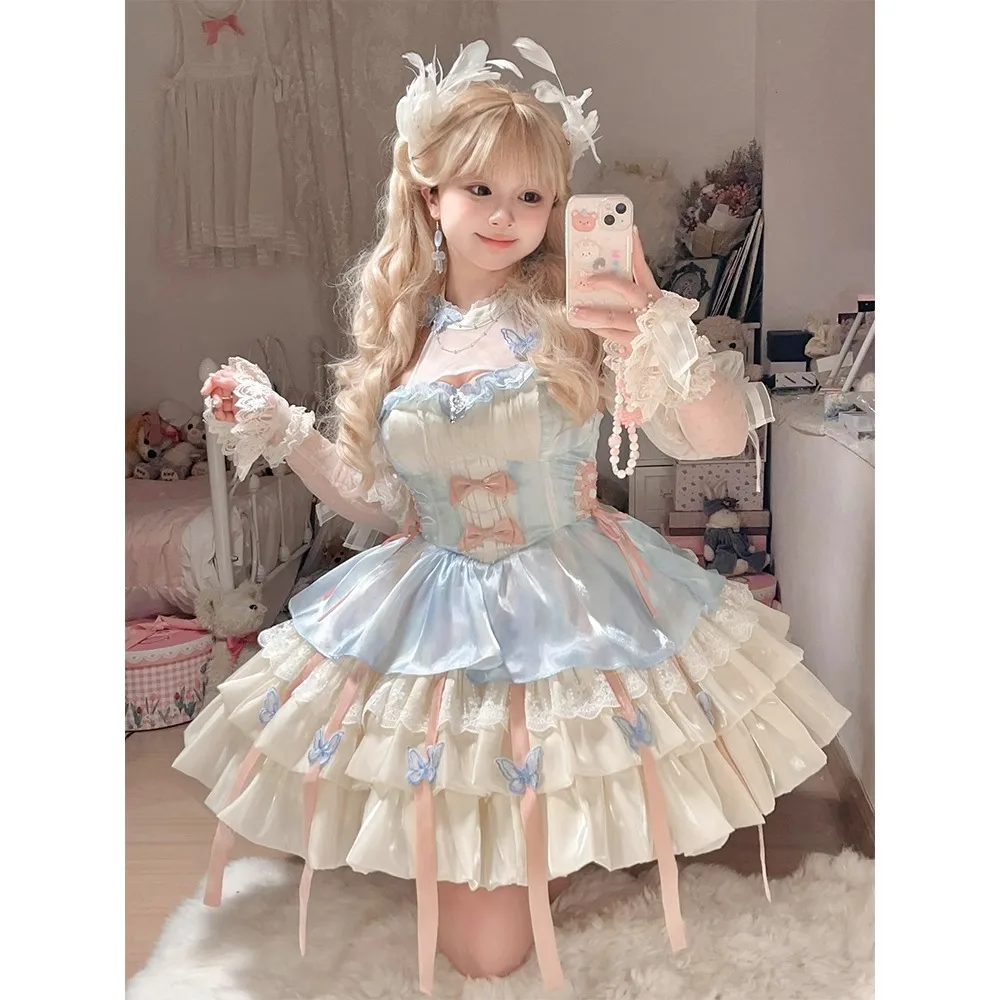 

Apricot Blue Pink Lolita Princess Dress Pure Desire Wind Hanging Neck Strap Short Skirt With Tail Fluffy Lolita Girl Tea Pot Dre