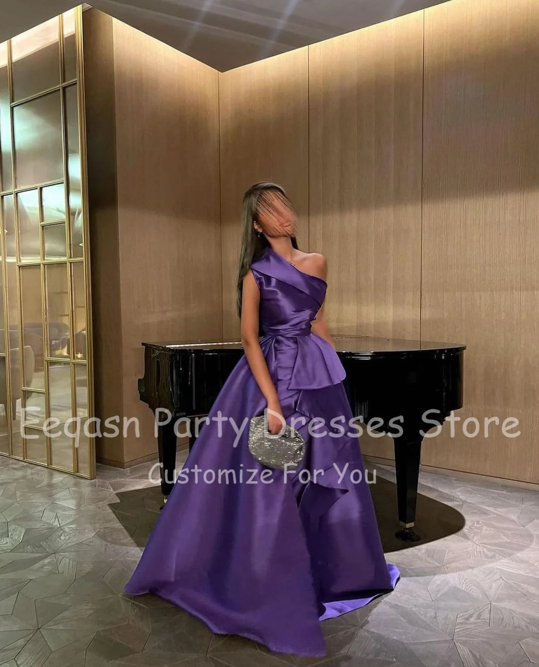 Eeqasn roxo uma linha de cetim vestidos de baile saudita árabe fenda um ombro plissados simples vestidos de noite feminino formal vestido de ocasião