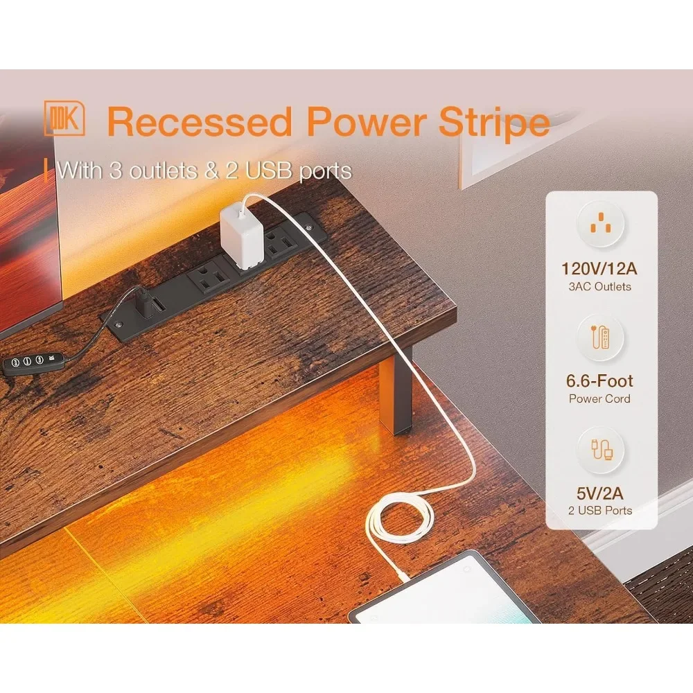 63 inch Computer Desk with Power Outlets & LED Lights, Gaming Desk with Monitor Stand & Storage Sheves, Home Office Desk