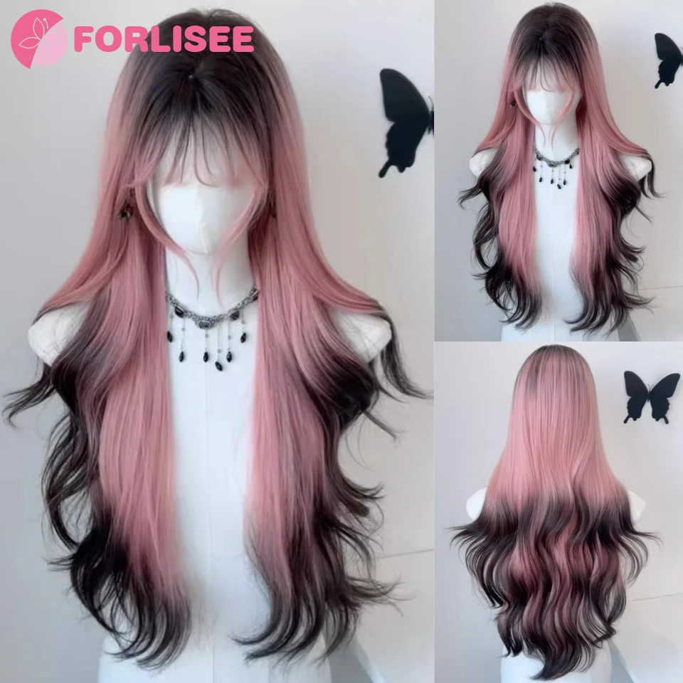 Lolita Pink Gradient Black Wig for Women Long Wavy Hair 70cm Curly Wig with Bangs Cosplay Headband Wigs Synthetic Wigs for Daily