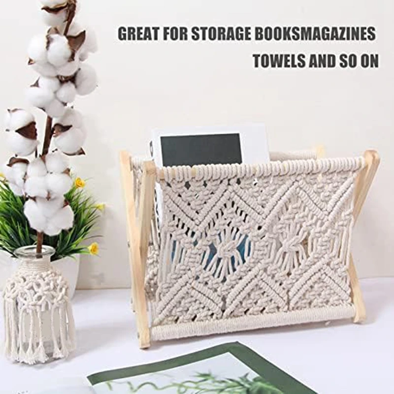 Boho Magazine Rack, Rope Woven Newspaper Rack, Magazine Baskets With Rope Fabric Design, Magazine Holder Storage Easy Install