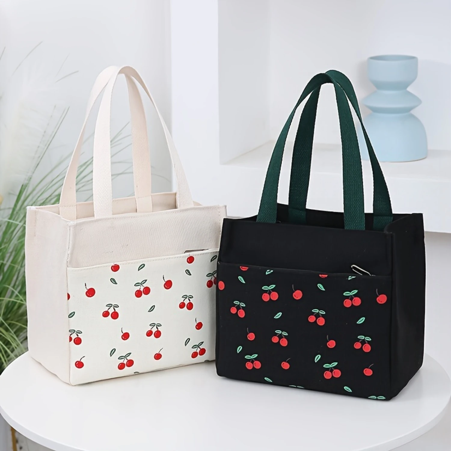 Cherry Pattern Satchel Lunch Bag - Insulated & Lightweight Bento Bag for Work & Picnic