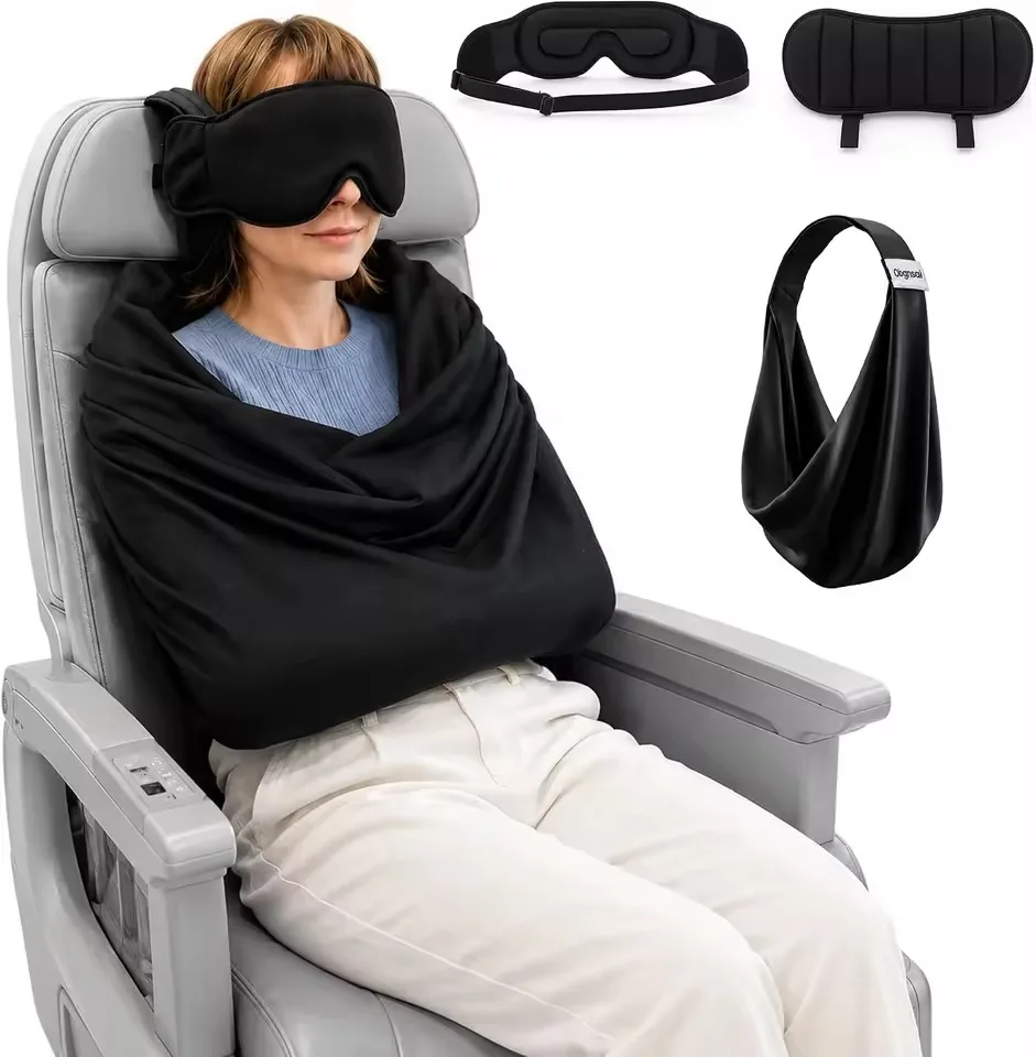 3-in-1 Car Sleep Seat Supports with Memory Foam Long Haul Flight Pillow Adjustable Travel Eye Cover Plane Sleep Accessories