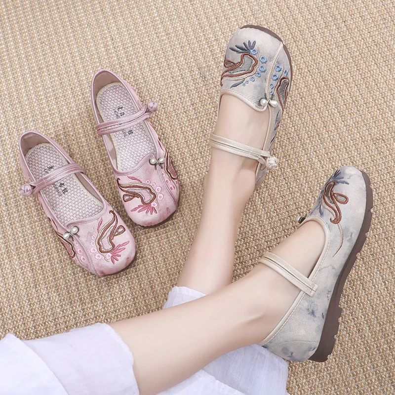 

Women's Mary Jane Elegant Strappy Flats Woman Vintage Chinese Beijing Canvas Hanfu Shoes Elder Lady Ancient Embroidery Shoes