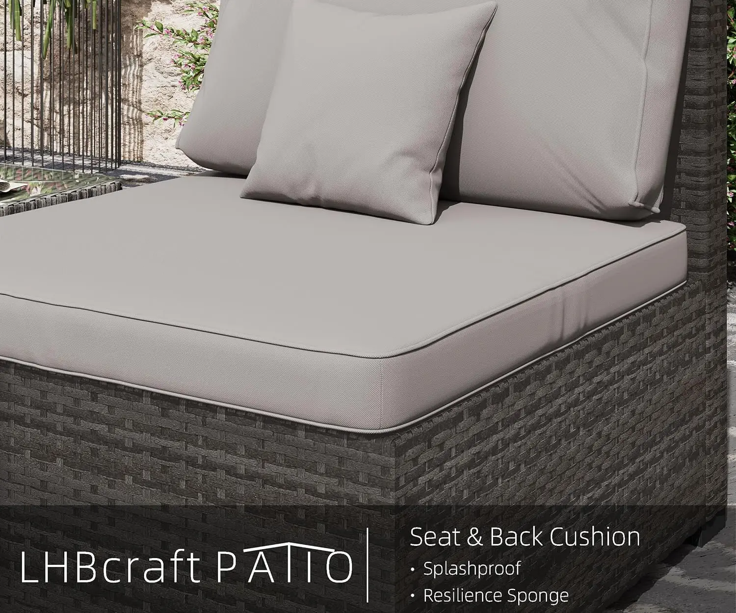 PE Rattan exterior secional Sofá, Mobília do pátio Set com almofada e mesa de café, 7 PCs