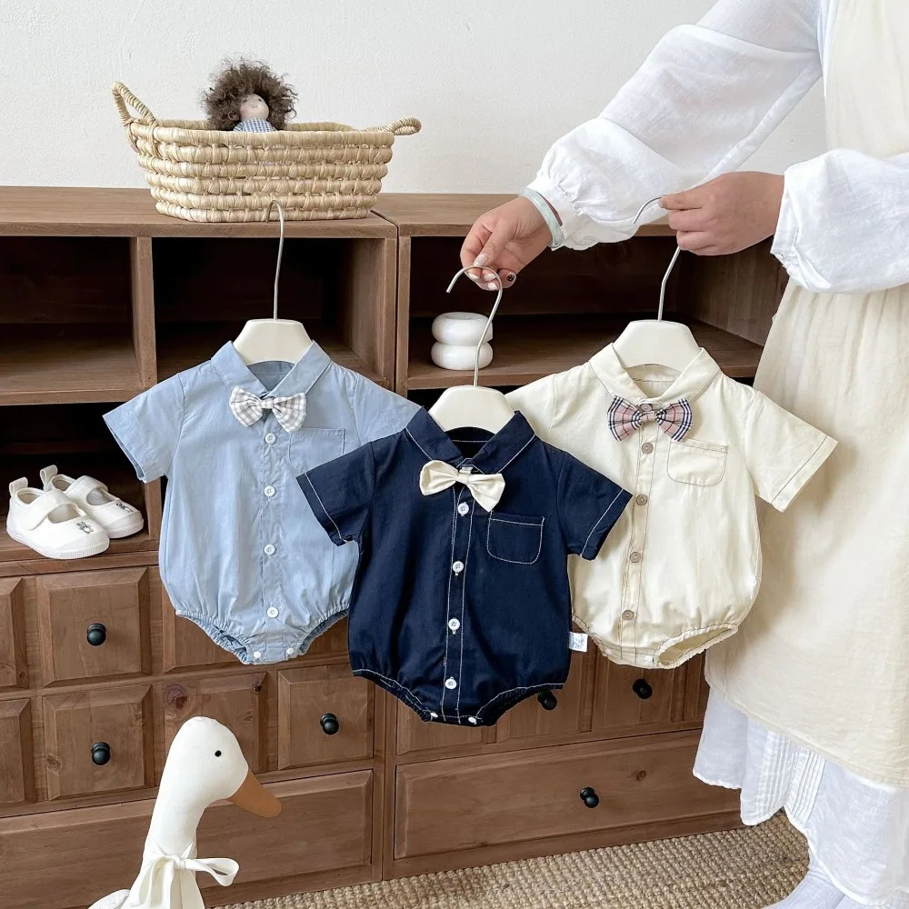 2026 Summer Little Gentleman Romper 0-2Years Newborn Boy Short Sleeve Turn Down Collar Bowtie Bodysuit Outfits Clothes