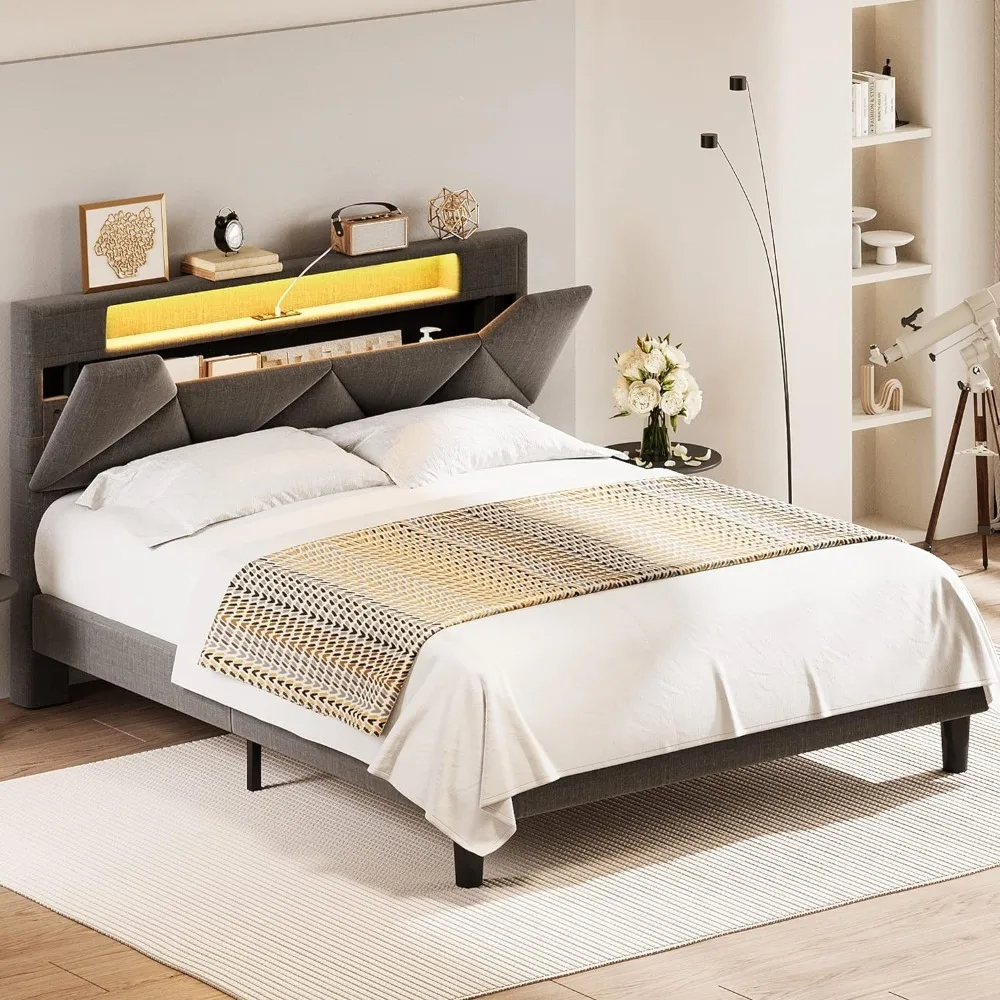 Full Bed Frame with Storage and Charging Station, LED Lights Upholstered Platform Bed, Heavy Duty Support Noise Free, Full Bed