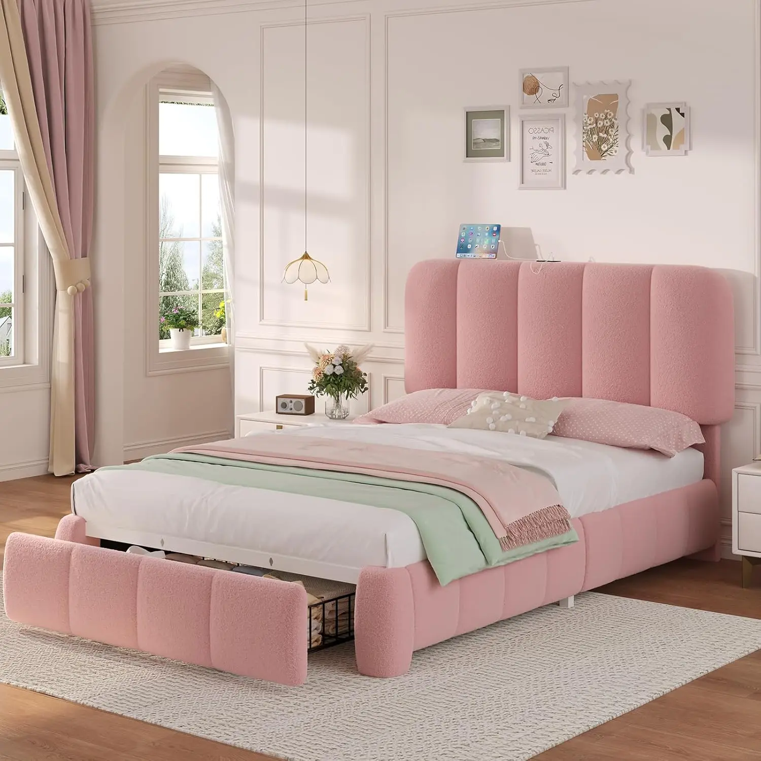 

Twin Upholstered Platform Bed Frame with Storage & Adjustable Headboard No Box Spring Pink, Customized