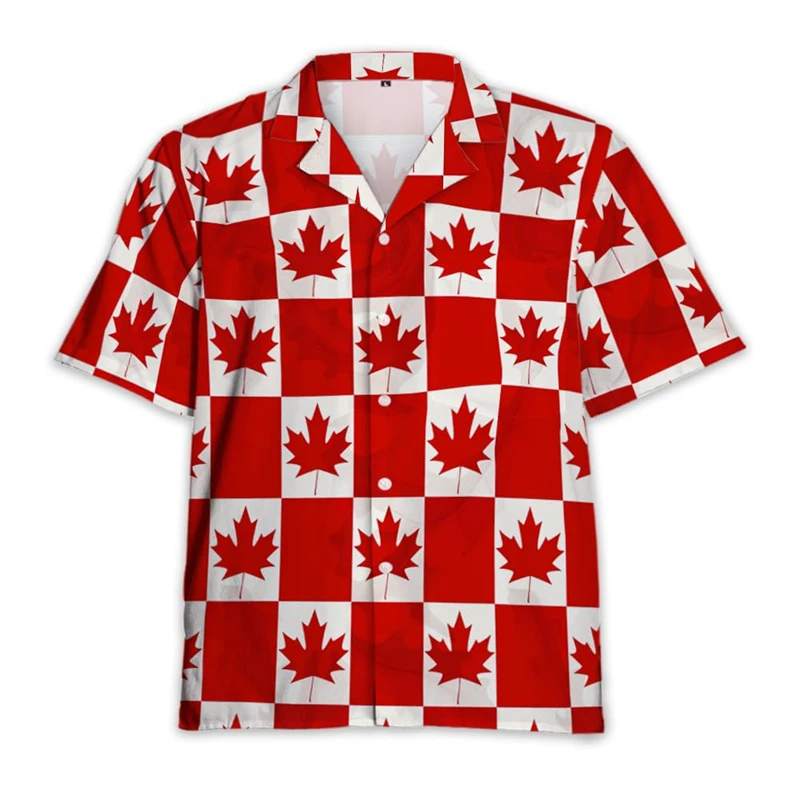 Unisex Loose Button Down Shirt Classic Maple Leaf Checker Grid Graphic Print Camp Collar Short Sleeve Leisure Tops