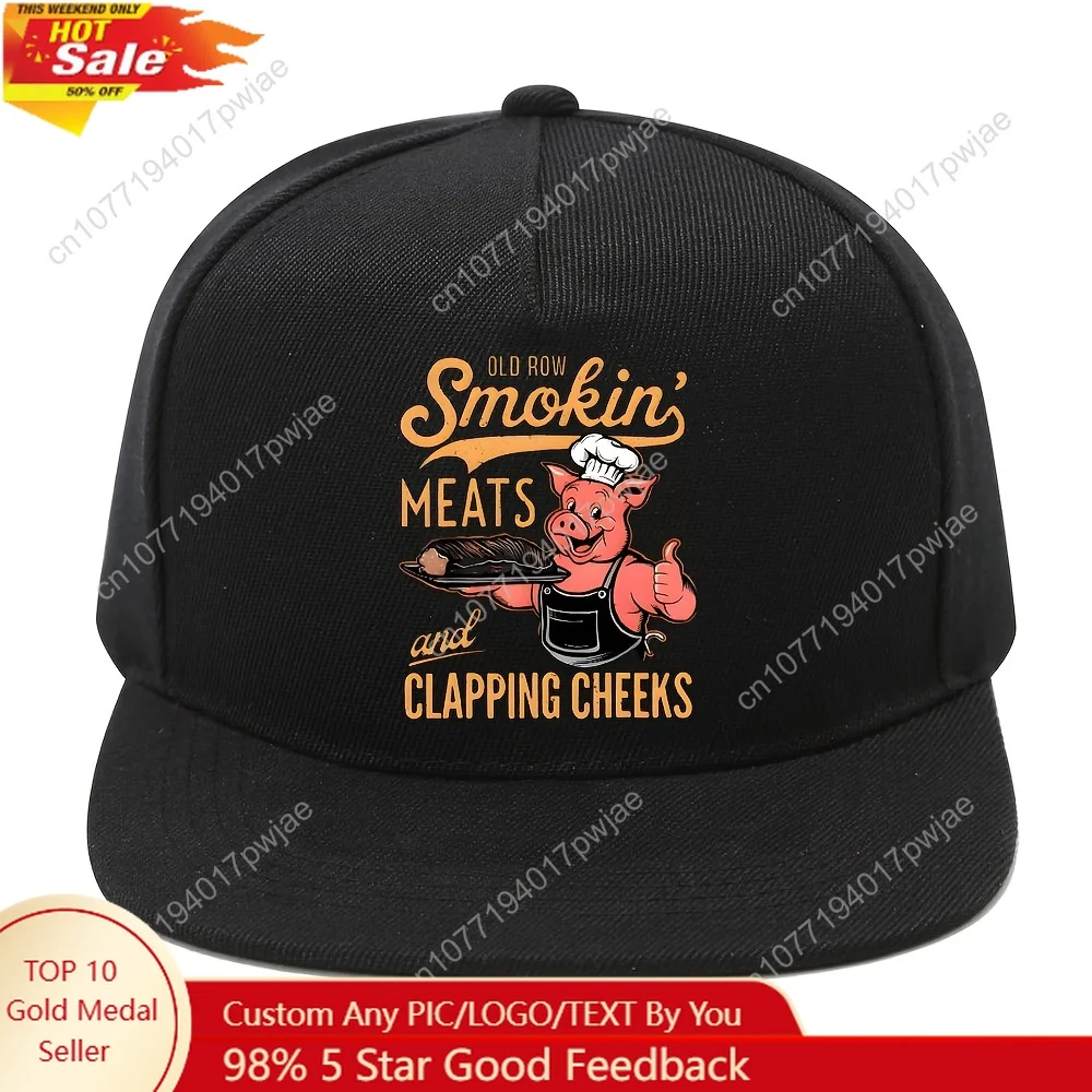 

1pc Y2K Streetwear Baseball Cap with Red Chef Pig Design - "Old Row Smokin' Meats and Clappin' Cheeks" Print, Adjustable Snapbac