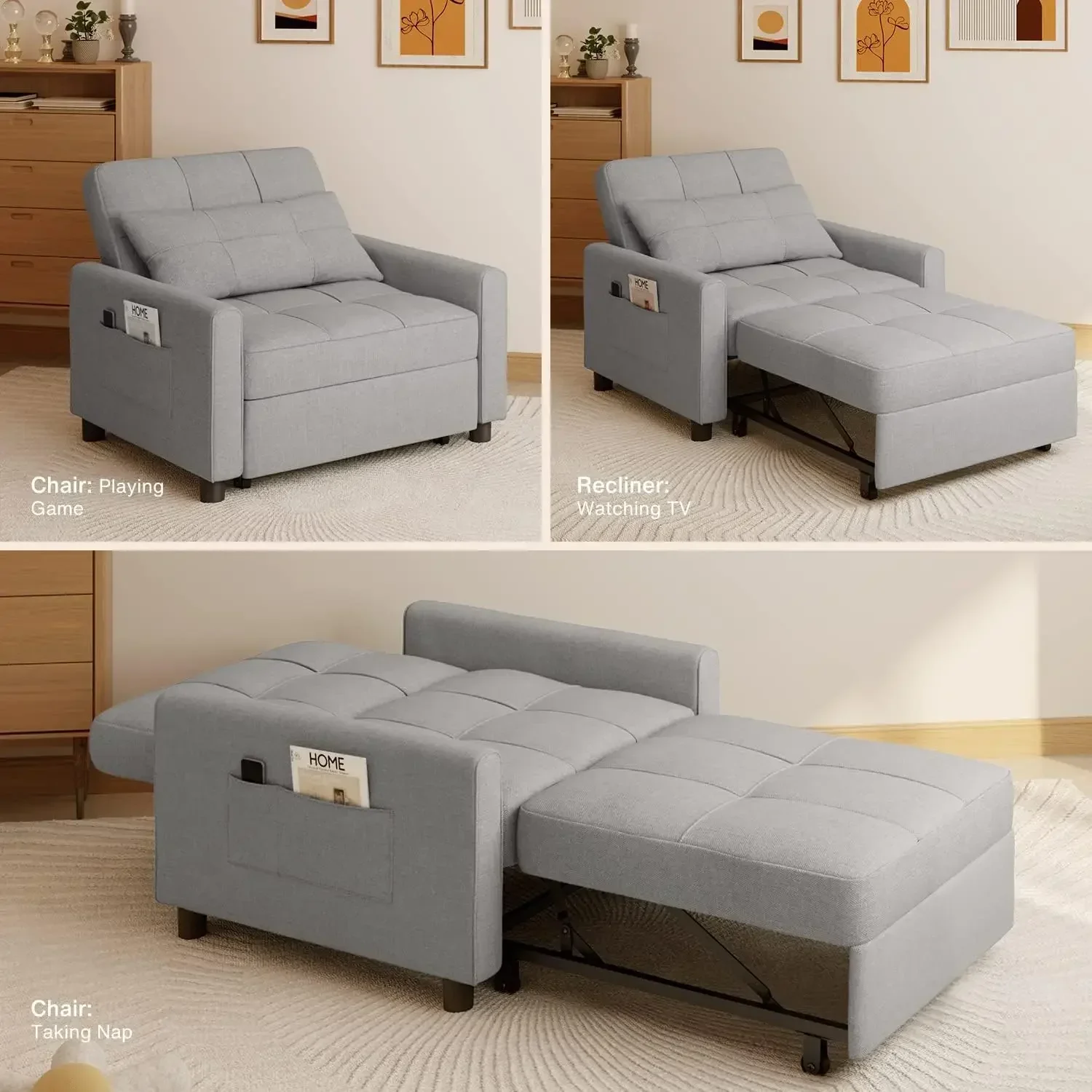 Sofa Chair Bed, Convertible Sofa Chair 3-in-1, Adjustable Sleeper Chair Pullout Sofa Bed with Modern Linen Fabric for Li