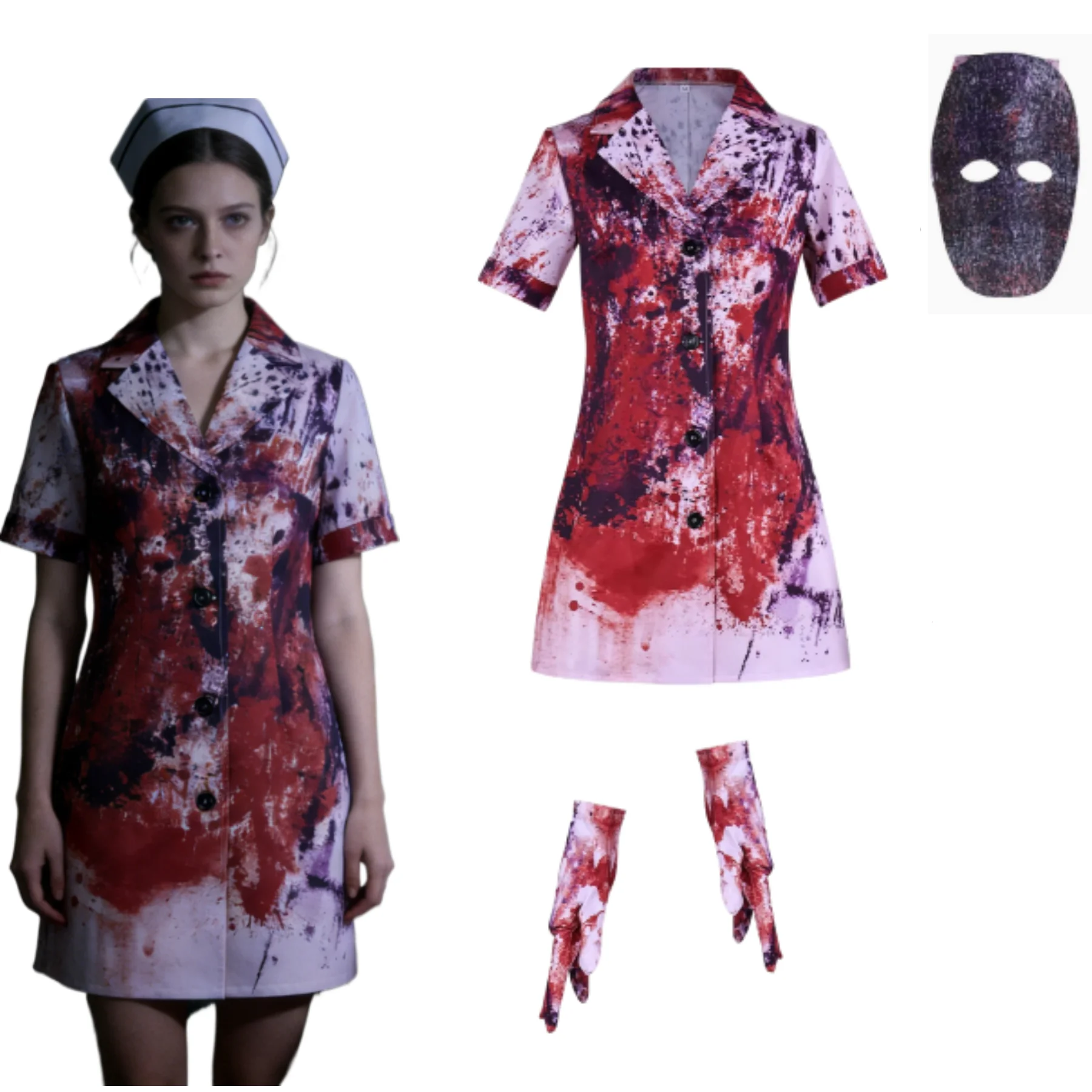 

Movie Silent Hill Cosplay Costume Women's Horror Zombie Nurse Outfit Halloween Party Dress with Mask Scary Role Play Suit