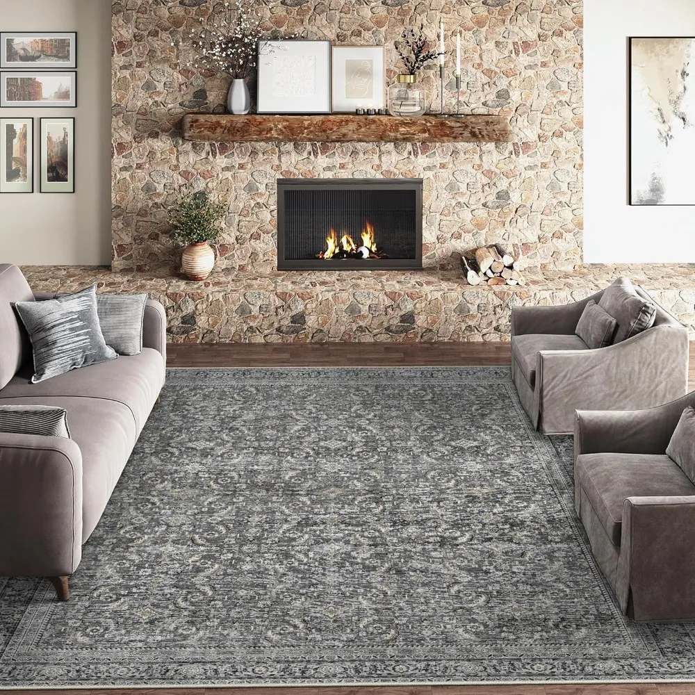 

10x14 Washable Area Rug Black Vintage Distressed Living Room Bedroom Large Throw Rug Non Slip Low Pile Soft Accent Indoor Floor