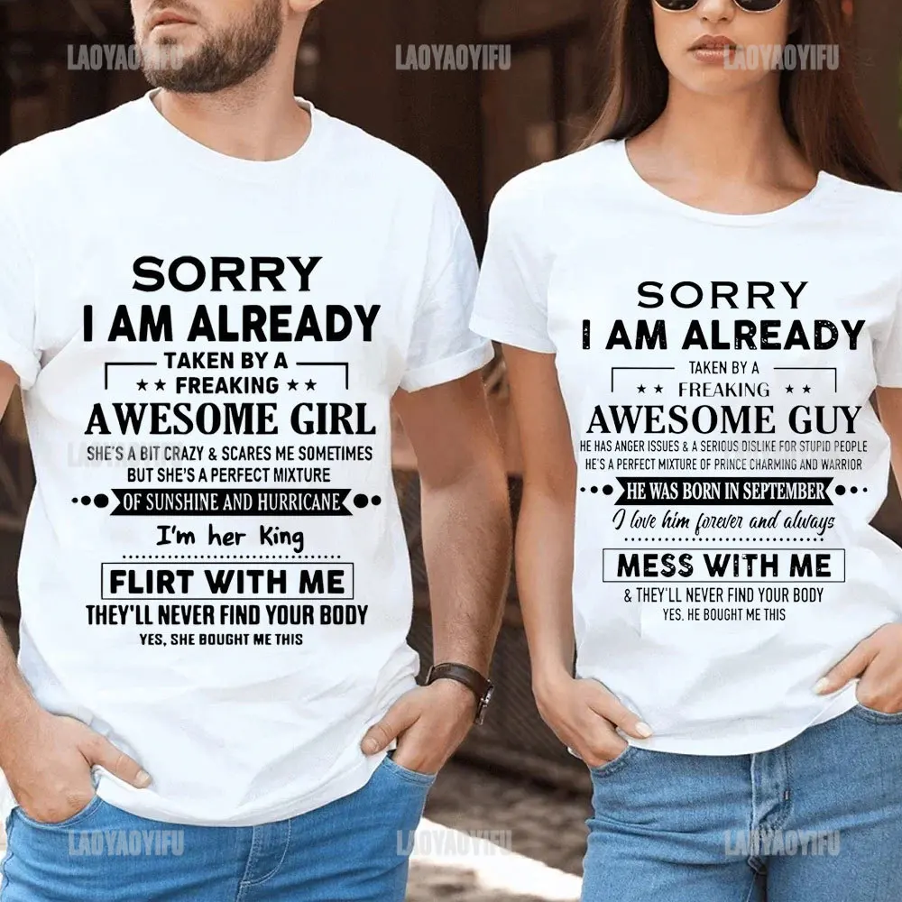 Sorry I Am Already Taken By A Freaking Awesome Guy Husband Couple T-Shirt Fashion Funny Husband and Wife T Shirt  Short-sleev