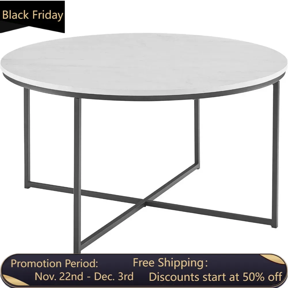 Modern circular artificial marble countertop coffee table with X-base, 36 inches, marble and black