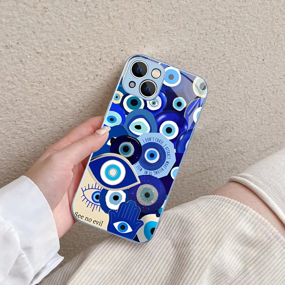 Funny Turkish Lucky Blue Evil Eye  Phone Case Tempered Glass For iphone 14 13 12 11 Pro Mini XS MAX 14Plus X XS XR Cover