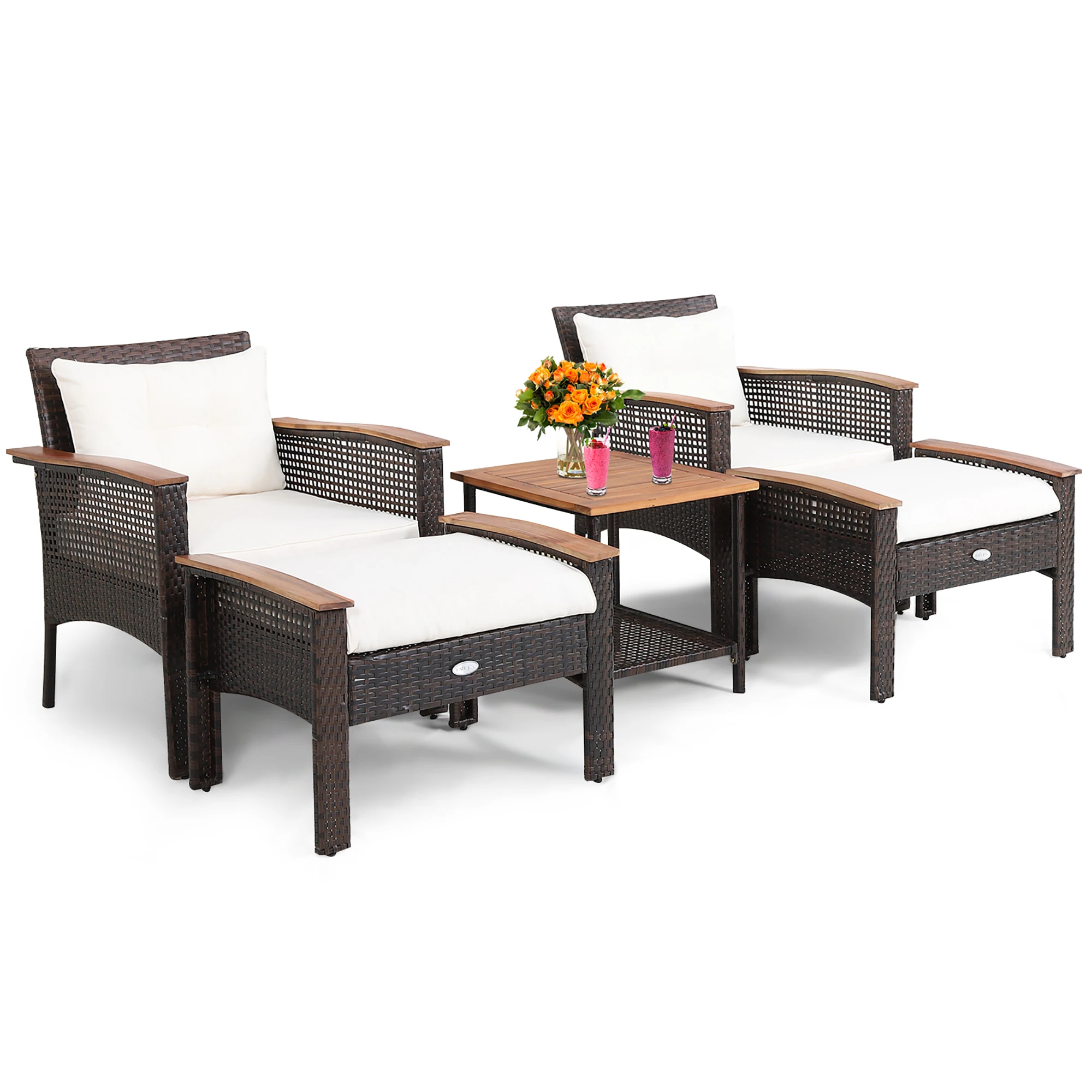 5PCS Patio Rattan Furniture Set Acacia Wood Table Armrest Cushion Yard