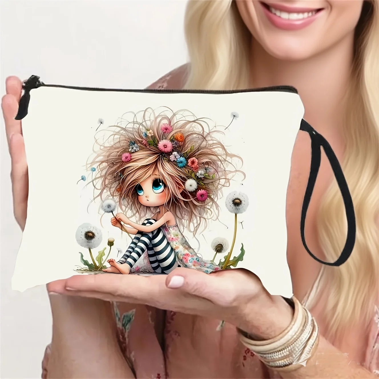 Simple and Stylish Dandelion Floral Pattern Makeup Bag with   Convenient Travel Toiletry Pouch with Zipper for Women