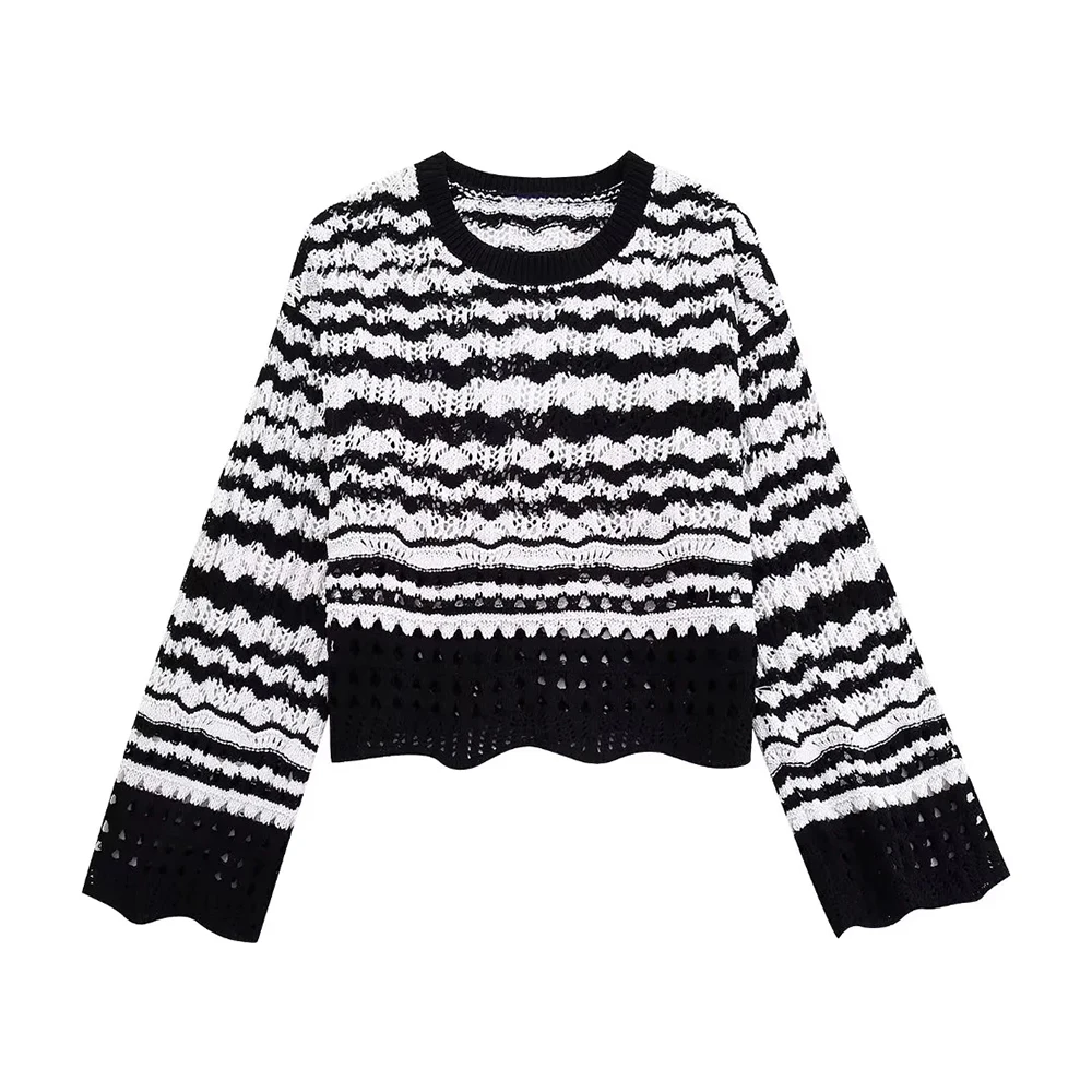 TRAF Sweaters Women Fashion Striped Chenille Cropped Knit Sweater Vintage O Neck Long Sleeve Female Pullovers Chic Tops Clothes