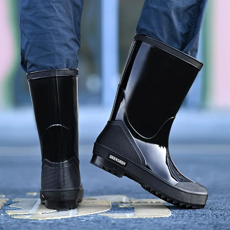 Mens PVC Mid Calf Rain Boots Waterproof Thick Sole Fashion Outdoor Fishing Car Wash Work Site Safety Shoes