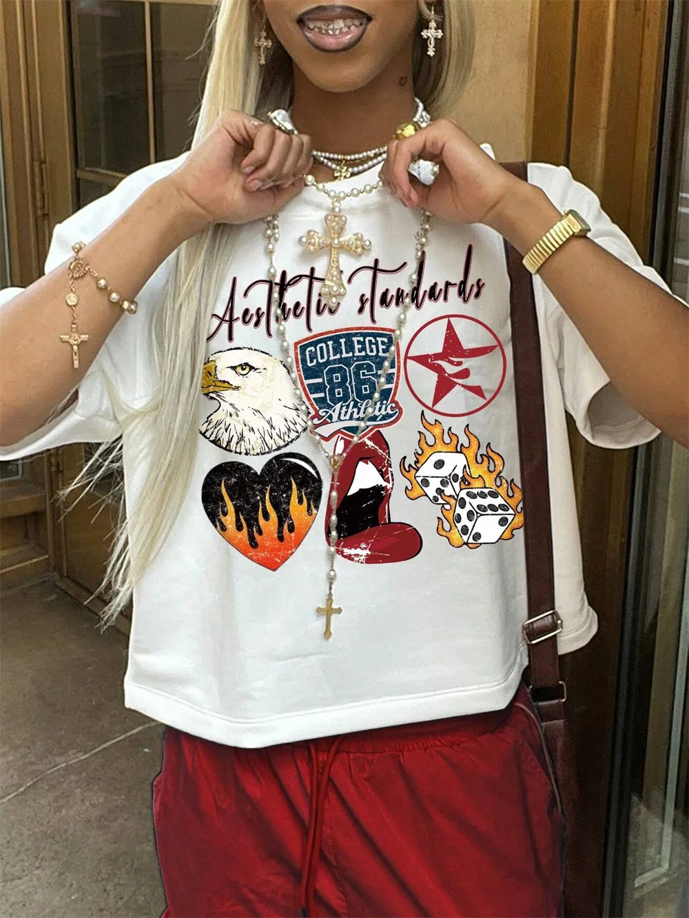 

Women's Summer Casual O-Neck Short Sleeve Billiard Print T-Shirt Y2K Fashion Street Wear Casual Versatile Cotton Top