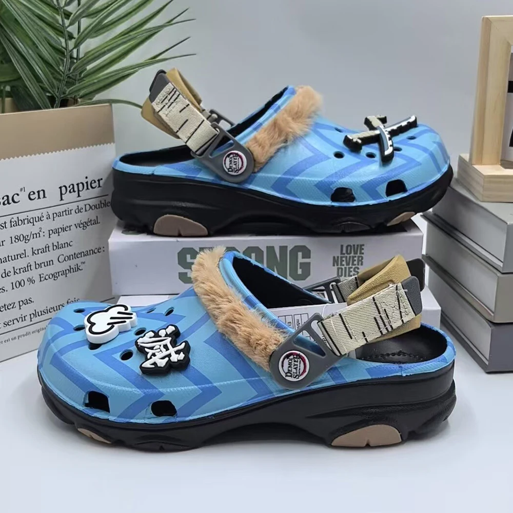 Demon Slayer Hashibira Inosuke Clogs Blue Chevron Hole Shoe Fur Trim Decor Shoe Charms Heel Strap Non Slip Outdoor Sandals Anime