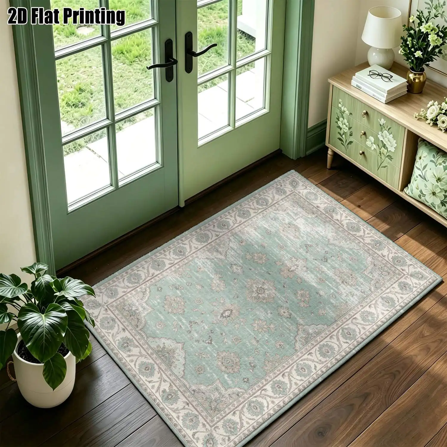 1Pc 2D Printed Carpet: Fresh Blue-Green Retro Floral Pattern European/Retro/Minimalist/Instagram Style, Home Decor, Multi-Size, Machine Washable, for Living Room, Bedroom, Dining Room, Entrance, Study.