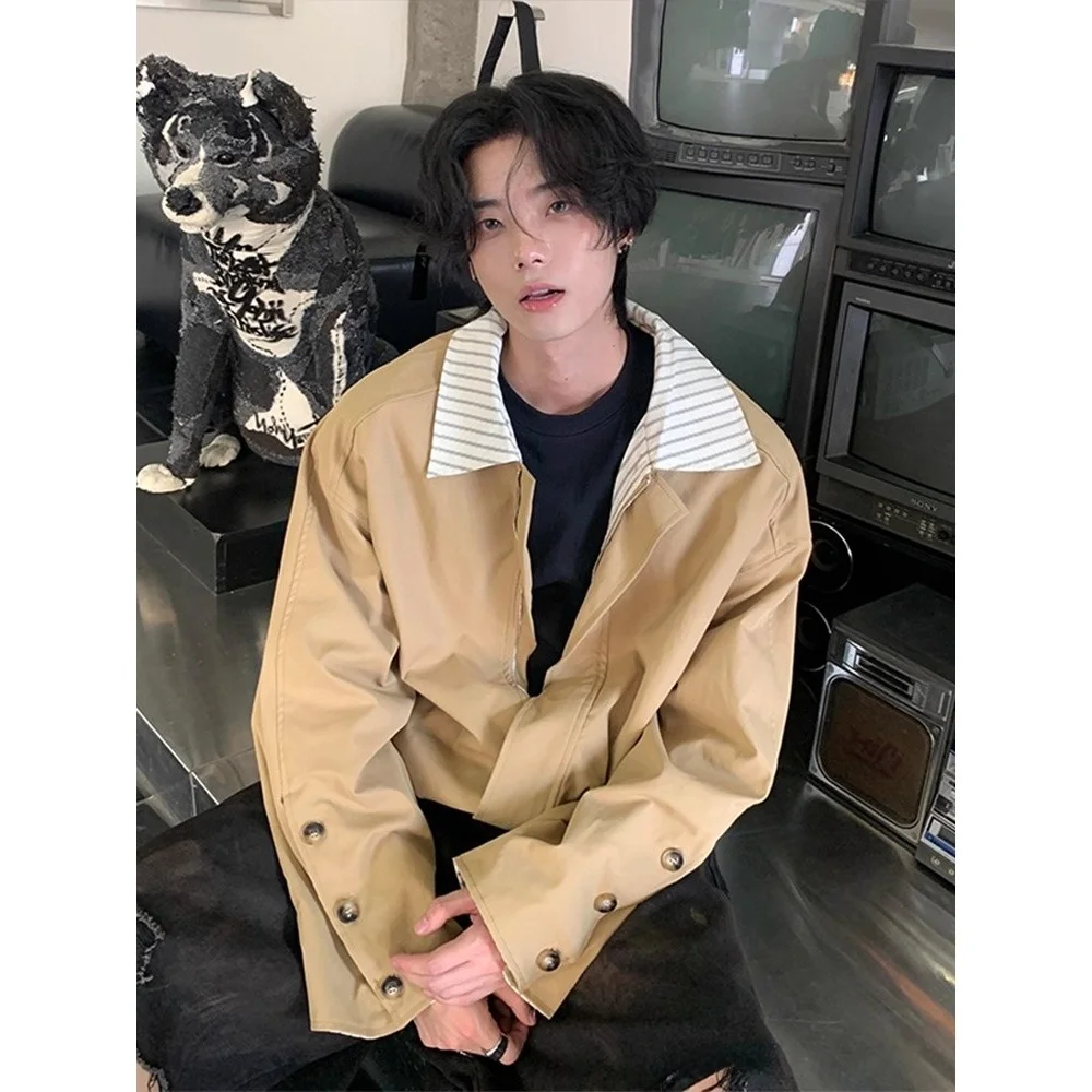 

Retro Korean Sle Striped Loose Fit Collar Jaet for Men Casual Versatile Autumn Outerwear Polyester Fiber Long Sve
