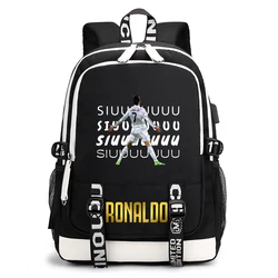 Ronaldo-USBプリントのバックパック、黒、カジュアル、アウトドア旅行用、学生用