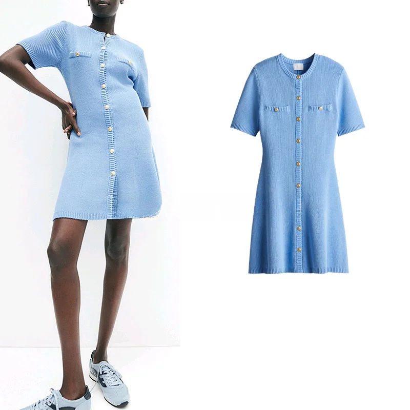 Spring Summer Women's Simple Sle round Ne ort Sve Front Button Ribbed Knitted Dr High Waist A-Line Skirt Polyeste...