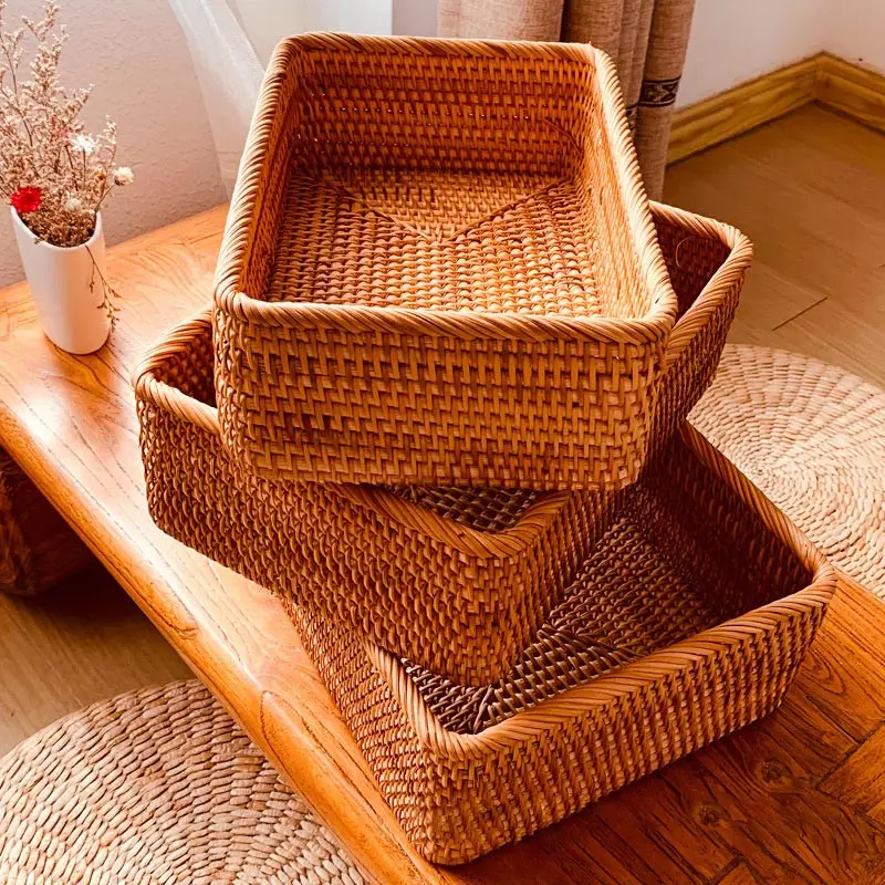 Rectangular Rattan Storage Baskets Handmade Woven Nesting Wicker Baskets for Decor Fruit Tray and Snack Storage Box