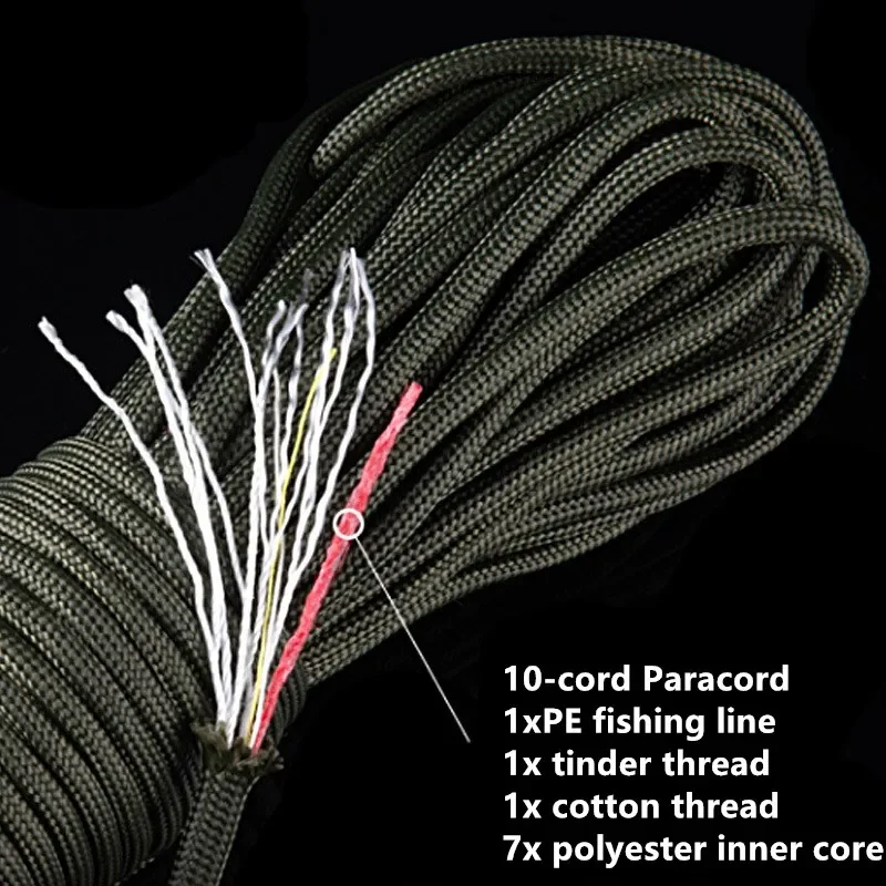 25FT 7.5M 550 10-core paracord 4mm outdoor Camping Survival tool PE fire rope fishing cotton line Parachute Hiking Brass bead