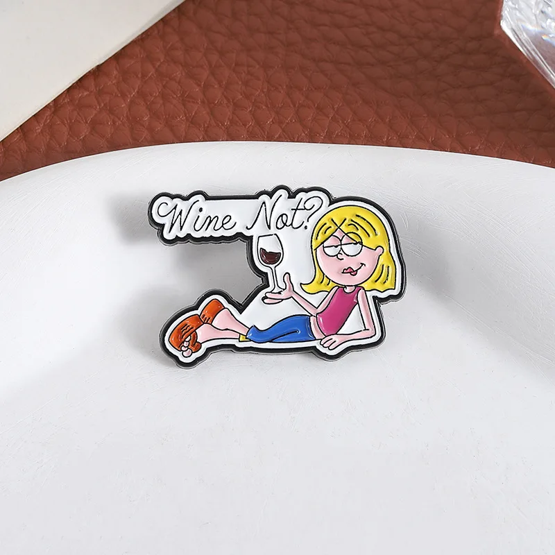 

Creative Leisure Lady Brooch Pins Cartoon Wine Not Design Sexy Women Holding Wine Enamel Corsage Jewelry Lapel Pin Accessory Gif