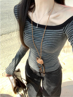 Japanese Y2k T-shirt Women Long Sleeve Tops Autumn Off Shoulder Striped Crop Top Grunge 2000s Aesthetic Streetwear T Shirts
