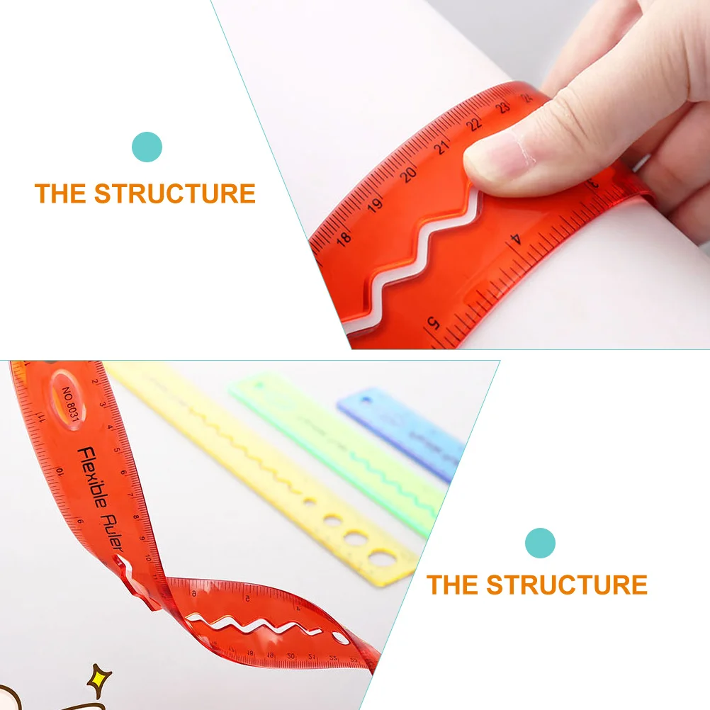 Régua flexível macia de 30cm, 4 unidades, ferramenta de desenho dobrável, vermelho, amarelo, verde, escala transparente, portátil, fornecimento de estudantes para crianças